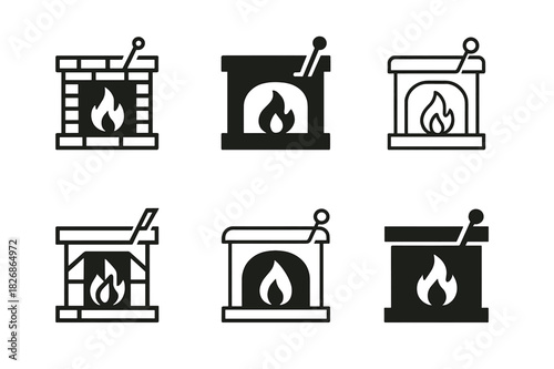 Fireplace Logo Variations. Lighting the fireplace. Icon set. Set Logo of Lighting the fireplace: flue handle opened for draft. harmonious logo variations of