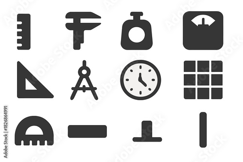Measurement Tools Icons. Scale and measurement. Solid icon set of scale and measurement: ruler, caliper, tape measure, scale, weight, geometry triangle,