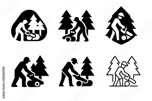 Forestry Logos Collection. Loggers cutting trees in forests. Icon set. Set Logo of forestry work: chainsaw cutting log. harmonious logo variations of the same