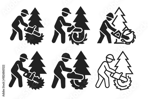 Forestry Work Icons. Loggers cutting trees in forests. Icon set. Set Logo of forestry work: circular saw and timber emblem. harmonious logo variations of the