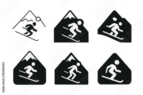 Snowy Mountain Logos. Skiing or snowboarding down a snowy mountain slope. Icon set. Set Logo of mountain panorama. harmonious logo variations of the same
