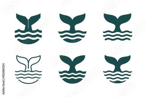Whale Conservation Logos. Endangered species. Icon set. Set Logo of wildlife protection: whale tail above ocean waves. harmonious logo variations of the same