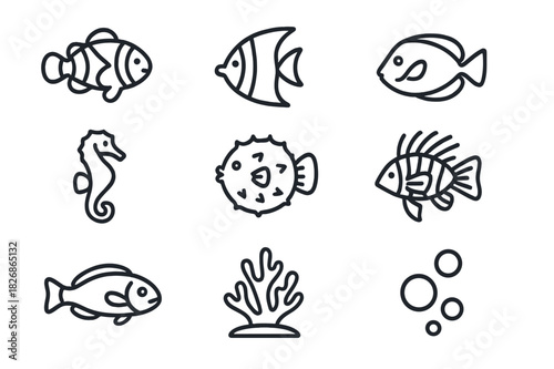 Tropical Fish Icons. Tropical Fish. Line icon set of Tropical Fish: clownfish, angelfish, parrotfish, tang fish, seahorse, pufferfish, butterflyfish, lionfish,