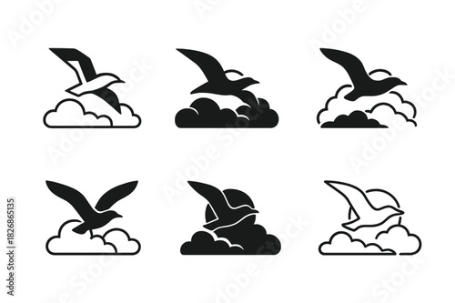 Seagull Logo Variations. Seagulls flying. Icon set. Set Logo of seagulls flying: Seagull silhouette in clouds. harmonious logo variations of the same