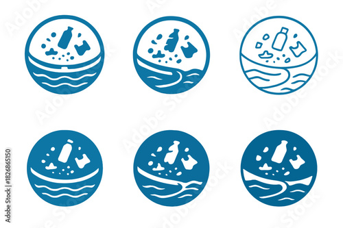Innovative Recycling Logos. Plastic recycling and upcycling innovations. Icon set. Set Logo of Plastic recycling and upcycling innovations: ocean cleanup boom