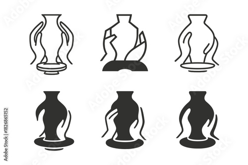 Art Tool Variations. Fine art techniques and tools. Icon set. Set Logo of Fine art techniques and tools: pottery wheel shaping vase. harmonious logo variations