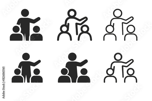 Active Learning Icons. Active learning. Icon set. Set Logo of active learning: teacher interacting with students. harmonious logo variations of the same