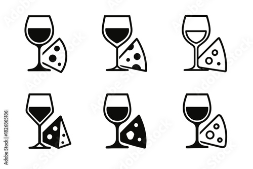 Elegant Wine & Cheese Logos. Arranging a Wine and Cheese Evening with Friends. Icon set. Set Logo of elegant tasting: wine glass and cheese wedge combination.