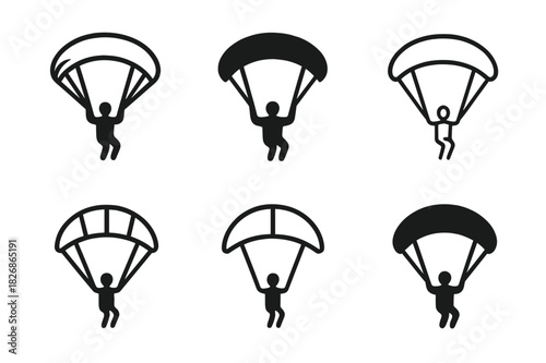 Paragliding Logo Variations. Paragliding. Icon set. Set Logo of Paragliding: pilot silhouette under parachute. harmonious logo variations of the same