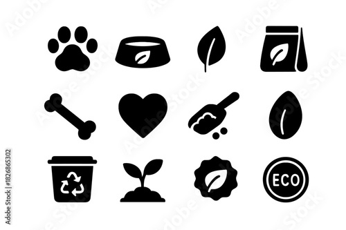 Eco Pet Food Icons. Eco Pet Food. Solid icon set of Eco Pet Food: paw print, bowl, leaf, organic bag, bone, heart, food scoop, seed, compost bin, label, plant,
