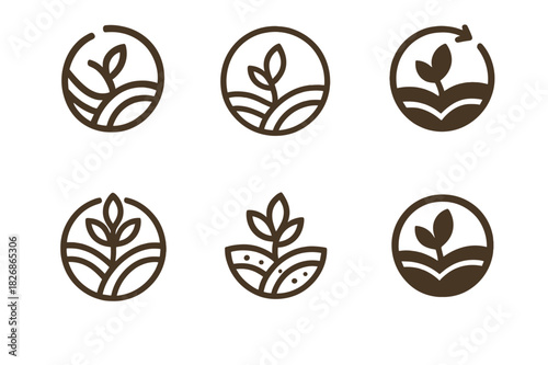 Humus Life Cycle Icons. Humus. Icon set. Set Logo of humus: circular emblem showing life cycle of organic matter into soil. harmonious logo variations of the