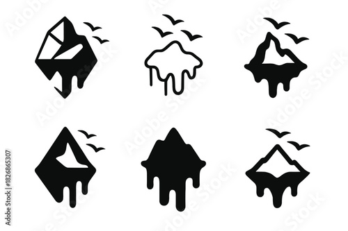 Biodiversity Loss Logos. biodiversity loss. Icon set. Set Logo of biodiversity loss: melting iceberg with departing seabirds. harmonious logo variations of the