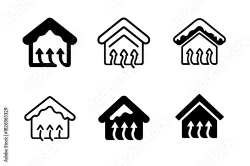 Melting Snow Icons. Melting snow off roof. Icon set. Set Logo of Melting snow off roof: attic vent with warm airflow arrows. harmonious logo variations of the