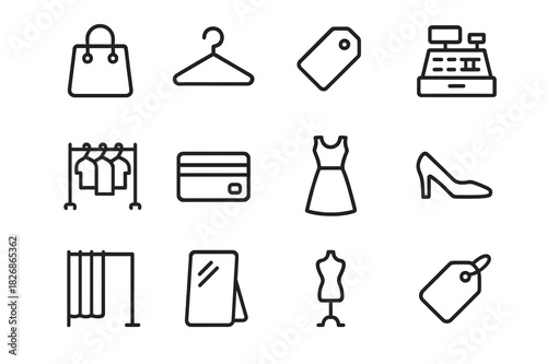 Fashion Retail Icons. Fashion retail. Line icon set of fashion retail: shopping bag, hanger, sale tag, cash register, clothing rack, credit card, dress, shoe,