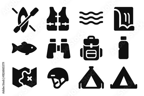 River Adventure Icons. River adventure. Solid icon set of river adventure: kayak, paddle, life jacket, river, waterfall, fish, binoculars, backpack, water