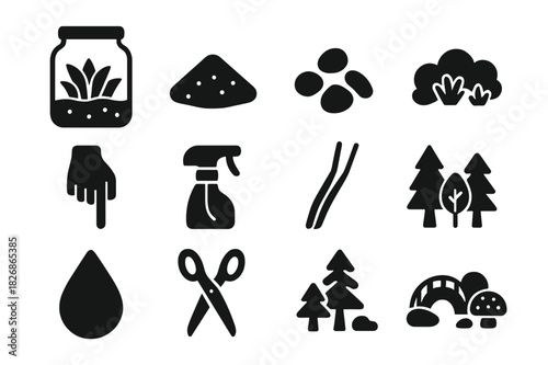 Terrarium Icon Set. Terrarium setup. Solid icon set of Terrarium setup: glass jar, soil, pebbles, moss, plants, hand icon, spray bottle, tongs, miniature