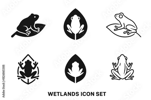 Wetlands Icon Set. Wetlands. Icon set. Set Logo of wetlands: frog silhouette on a leaf. harmonious logo variations of the same emblematic concept, each with