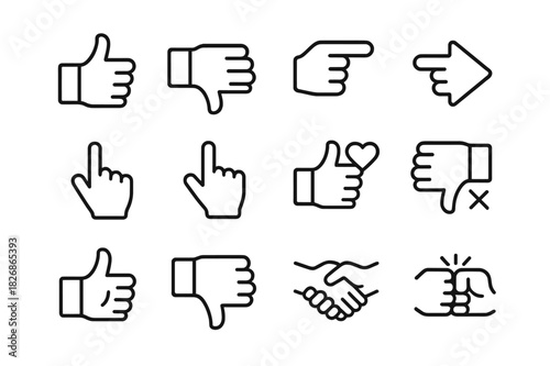 Thumb Icon Set. Thumb reactions. Line icon set of thumb reactions: thumbs up, thumbs down, pointing left, pointing right, pointing up, pointing down, thumbs up
