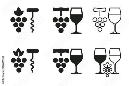 Wine & Cheese Icons. Arranging a Wine and Cheese Evening with Friends. Icon set. Set Logo of tasting moment: grapes, corkscrew, and wine glass