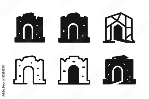 Abandoned Building Logos. Abandoned building. Icon set. Set Logo of abandoned building: derelict entrance. harmonious logo variations of the same emblematic