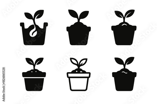 Planting Icon Set. Planting seeds in pots. Icon set. Set Logo of Planting seeds in pots: sprouting seedling emerging from soil in pot. harmonious