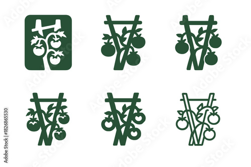 Vegetable Patch Logos. Vegetable Patch. Icon set. Set Logo of Vegetable Patch: tomato vine trellis. harmonious logo variations of the same emblematic concept,