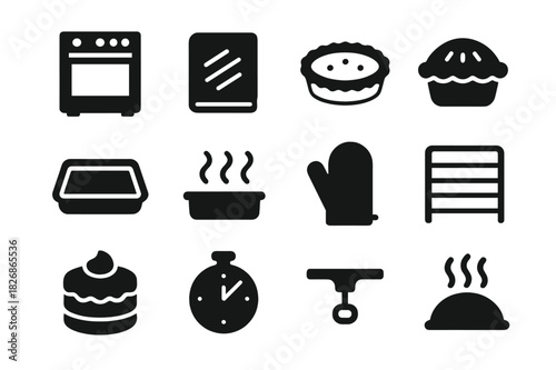 Pastry Baking Icons. Pastry baking. Solid icon set of Pastry baking: oven, puff pastry, tart, pie, tray, heat waves, oven mitt, rack, cake, timer, handle,