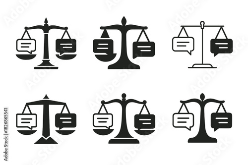 Argumentation Logo Variations. Argumentation. Icon set. Set Logo of Argumentation: scales balancing claim and evidence icons. harmonious logo variations of the
