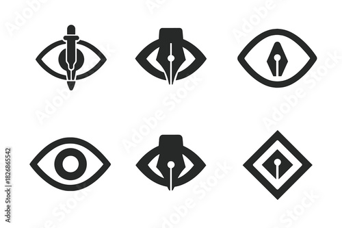 Journalism Ethics Icons. Journalism ethics and bias. Icon set. Set Logo of journalism ethics and bias: journalist?s pen and eye forming symbol of objectivity.