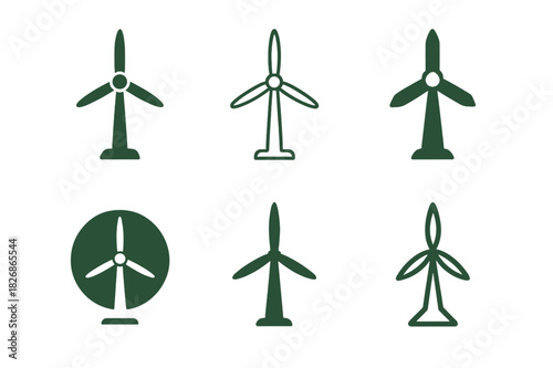 Sustainable Energy Icons. Sustainable living tips. Icon set. Set Logo of wind turbine. harmonious logo variations of the same emblematic concept (Flat solid,