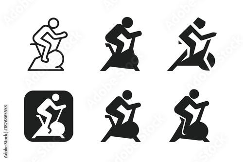 Indoor Cycling Icons. A person practicing indoor cycling, focused on endurance and intensity. Icon set. Set Logo of A person practicing indoor cycling, focused