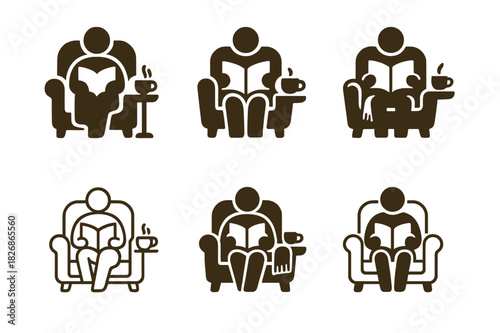 Self-Help Logo Variations. A person reading a self-help book at a cafe or library. Icon set. Set Logo of A person reading a self-help book at a cafe or