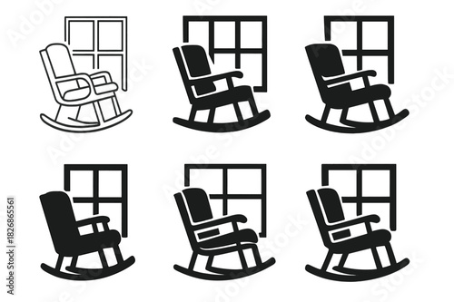 Rocking Chair Logos. Rocking chair by the window. Icon set. Set Logo of rocking chair: chair with cushions near window. harmonious logo variations of the same