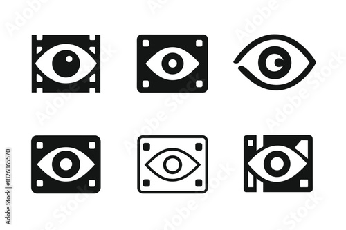 Film Insight Icons. Behind-the-Scenes Content Tips. Icon set. Set Logo of production insight: eye symbol combined with film frame. harmonious logo variations