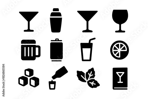 Mixology Icon Set. Beverages and mixology. Solid icon set of beverages and mixology: cocktail glass, shaker, martini, wine glass, beer mug, soda can, straw in