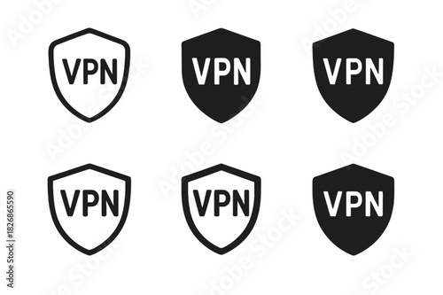 VPN Shield Icons. Remote work tools. Icon set. Set Logo of VPN shield. harmonious logo variations of the same emblematic concept (Minimal outline, Negative