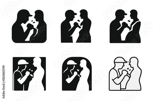 Sculptor's Icon Set. Sculptor working on a stone statue. Icon set. Set Logo of sculptor working on a stone statue: half-finished sculpture. harmonious logo