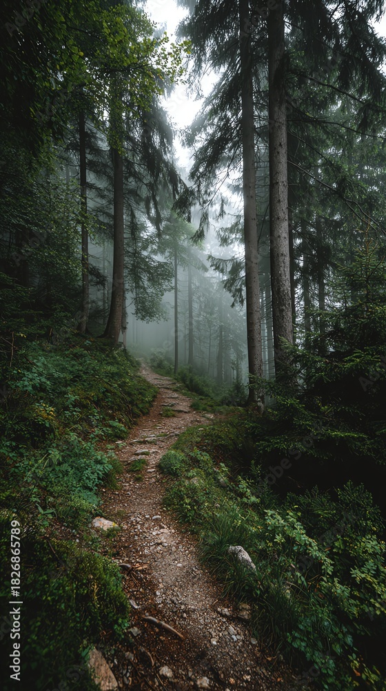 Fototapeta premium A serene foggy forest path encourages slow, intentional walking among towering trees veiled in mist.
