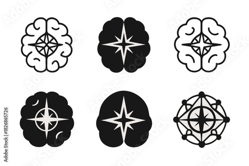 Brain Emotion Logos. How emotions are processed in the brain. Icon set. Set Logo of How emotions are processed in the brain: compass rose inside neural
