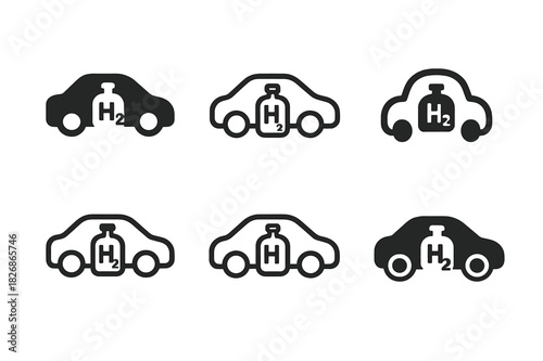 Hydrogen Fuel Logos. Hydrogen fuel technology. Icon set. Set Logo of hydrogen fuel technology: car with hydrogen tank symbol. harmonious logo variations of the
