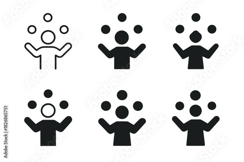 Juggling Logo Variations. Learning juggling or balance tricks. Icon set. Set Logo of learning juggling or balance tricks: person juggling three balls in