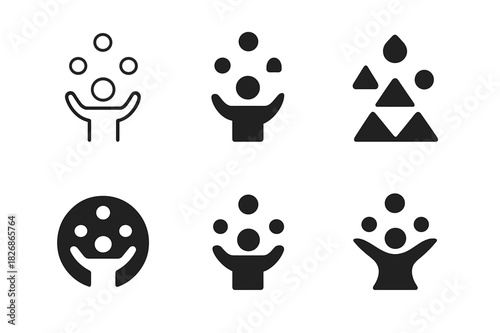 Juggling Logo Variations. Learning juggling or balance tricks. Icon set. Set Logo of learning juggling or balance tricks: person juggling three balls in