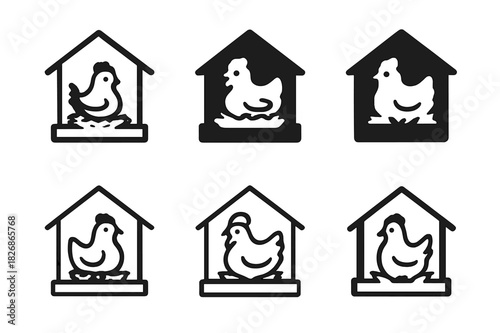 Chicken Coop Logos. Chicken Coop. Icon set. Set Logo of Chicken Coop: nesting box. harmonious logo variations of the same emblematic concept, each with