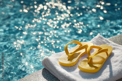 Bright Yellow Flip Flops Rest on a Towel by a Sparkling Blue Swimming Pool Du...