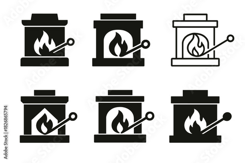 Fireplace Logo Variations. Lighting the fireplace. Icon set. Set Logo of Lighting the fireplace: flue handle opened for draft. harmonious logo variations of
