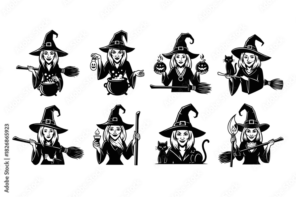 Fototapeta premium Set of Eight Halloween Witch Illustrations with Brooms and Cauld