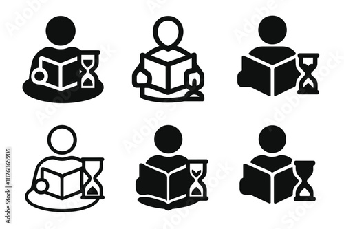 Self-Help Icon Harmony. A person reading a self-help book at a cafe or library. Icon set. Set Logo of A person reading a self-help book at a cafe or library: