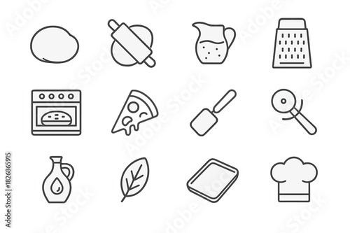 Pizza Icon Set. Making homemade pizza. Line icon set of making homemade pizza: pizza dough, rolling pin, tomato sauce, cheese grater, oven, slice of pizza,