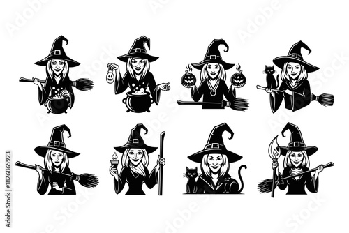 Set of Eight Halloween Witch Illustrations with Brooms and Cauld