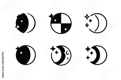 Moon Phases Icons. The phases of the moon. Icon set. Set Logo of The phases of the moon: quarter phase with stars accent. harmonious logo variations of the